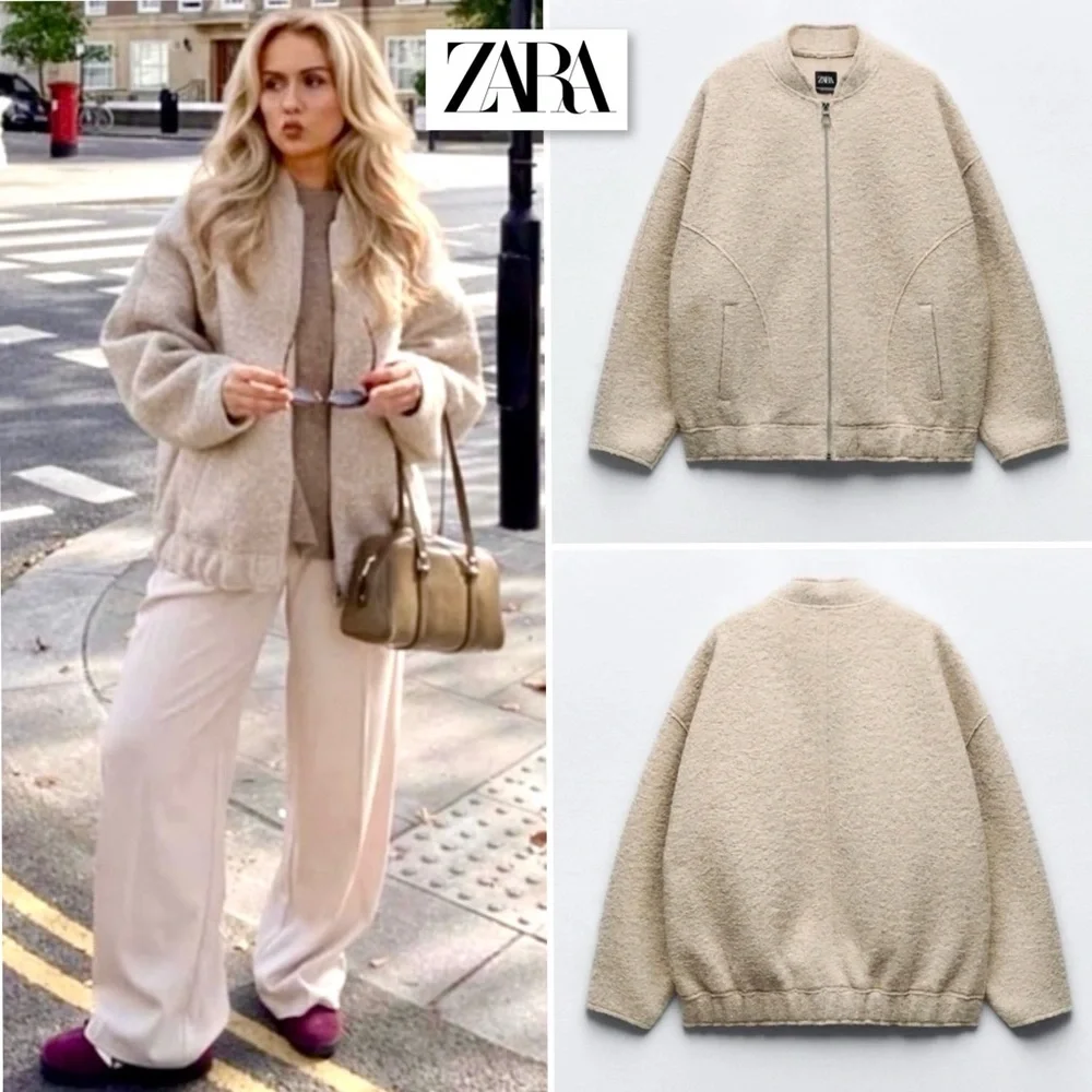 ZARA 5070/642 Textured Bouclé Bomber Jacket Sand Beige XS Oversized Quiet Luxury - Picture 2 of 16